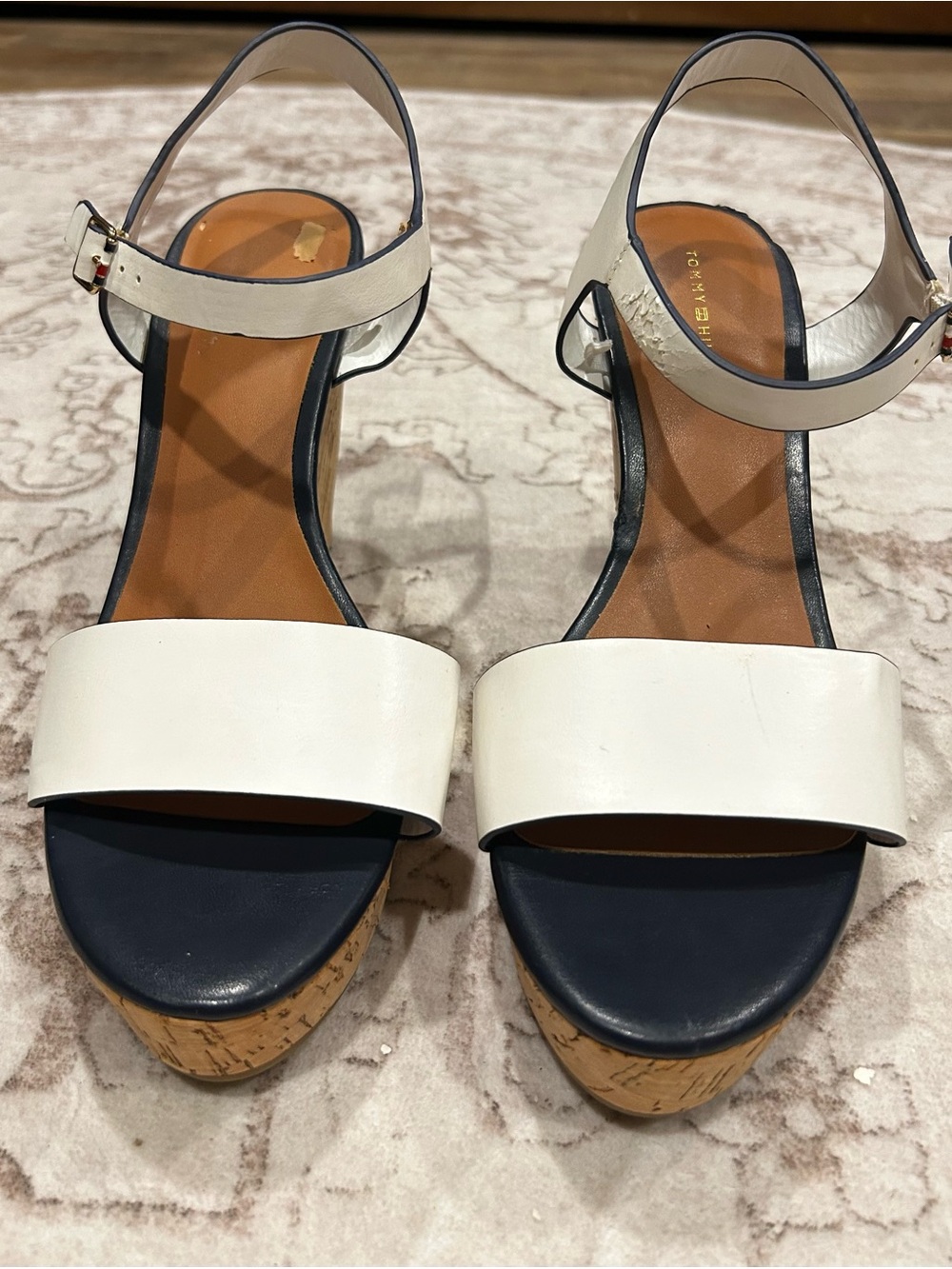 Tommy Hilfiger White and Navy Cork Wedge Sandals - Women's Ankle Strap